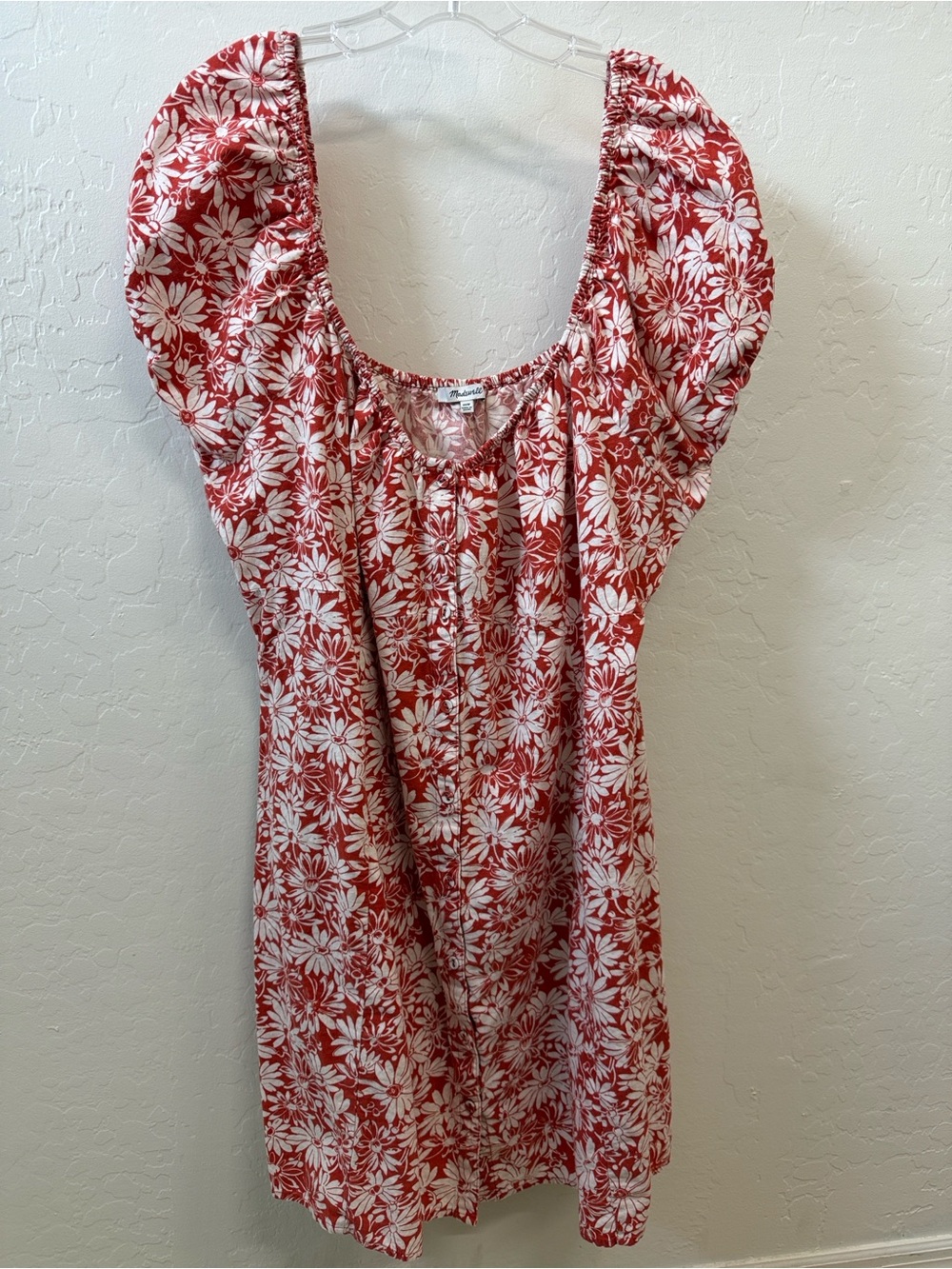 Madewell Red & White Floral Puff-Sleeve Mini Dress
